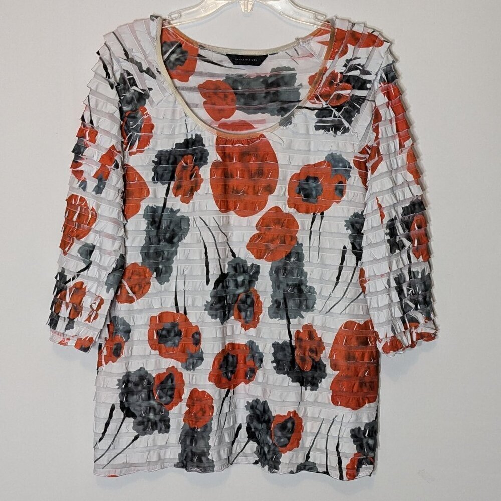 INVESTMENTS White & Orange Floral Tiered Chiffon Fabric Slim Fit Top; Size XL